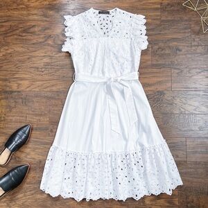 VAKKO • Cotton Eyelet Midi Dress white cutwork lace a-line ruffle tie waist